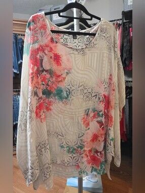 COLLECTION  B   Light Crepe Beige Floral Tunic and Under Tank Top